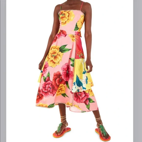 knee length dresses for ladies Mixed Flowery Rufle One Strap Midi Dress  FARM Rio